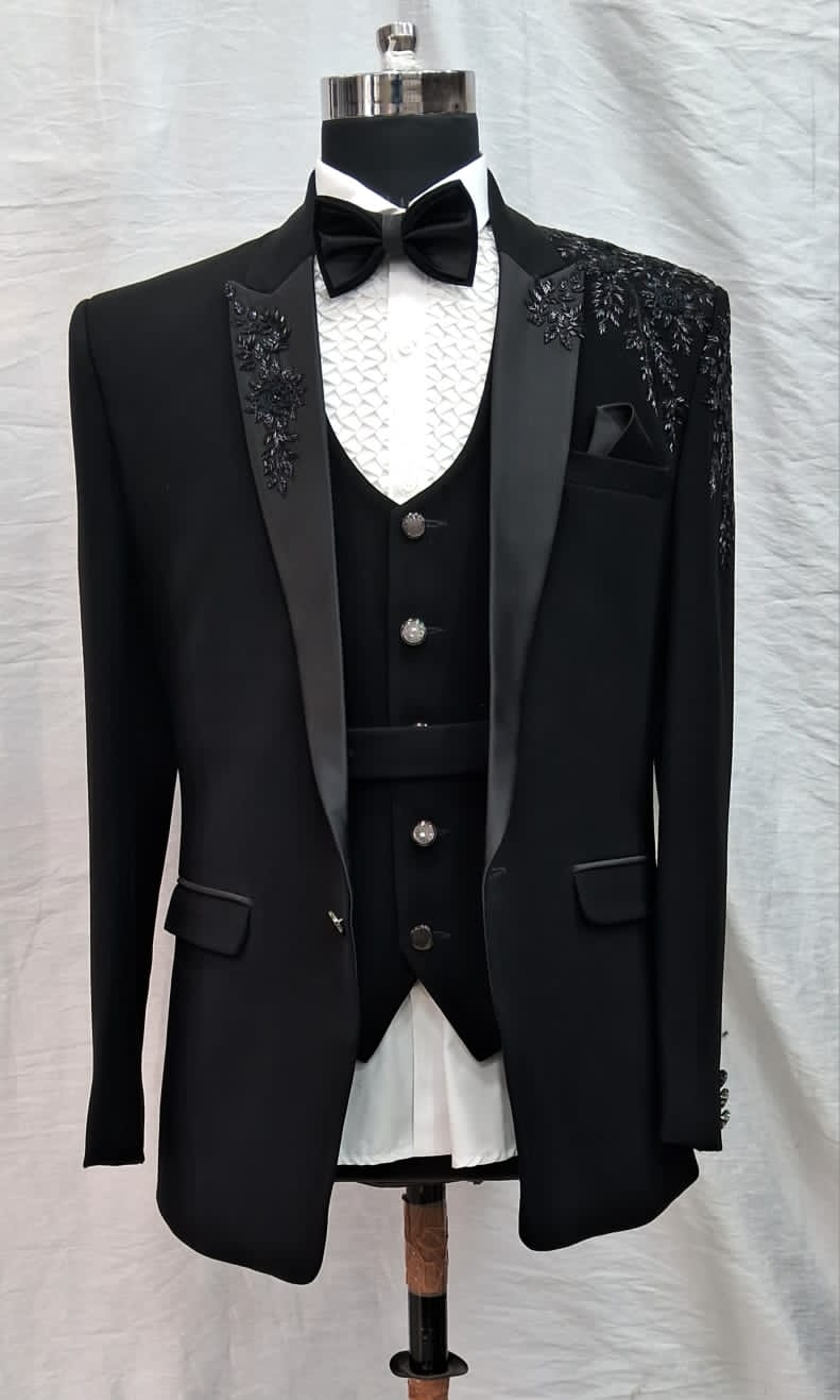 Black Stone Embroidered Italian Tuxedo Suit